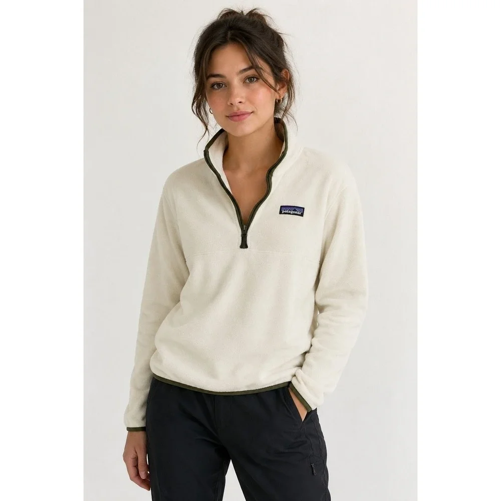 Patagonia Women Micro D Quarter Zip Fleece Pullover Cream Olive Green Small